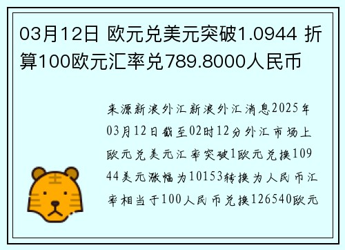 03月12日 欧元兑美元突破1.0944 折算100欧元汇率兑789.8000人民币