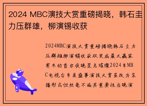 2024 MBC演技大赏重磅揭晓，韩石圭力压群雄，柳演锡收获