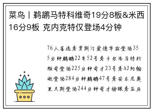 菜鸟丨鹈鹕马特科维奇19分8板&米西16分9板 克内克特仅登场4分钟